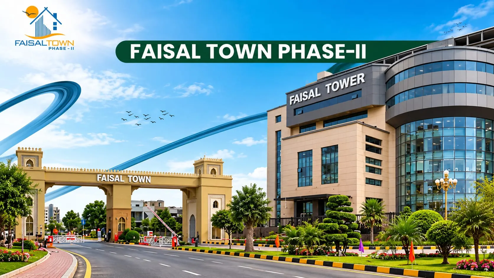 Faisal Town Phase 2 Islamabad main gate and Faisal Tower, promotional image