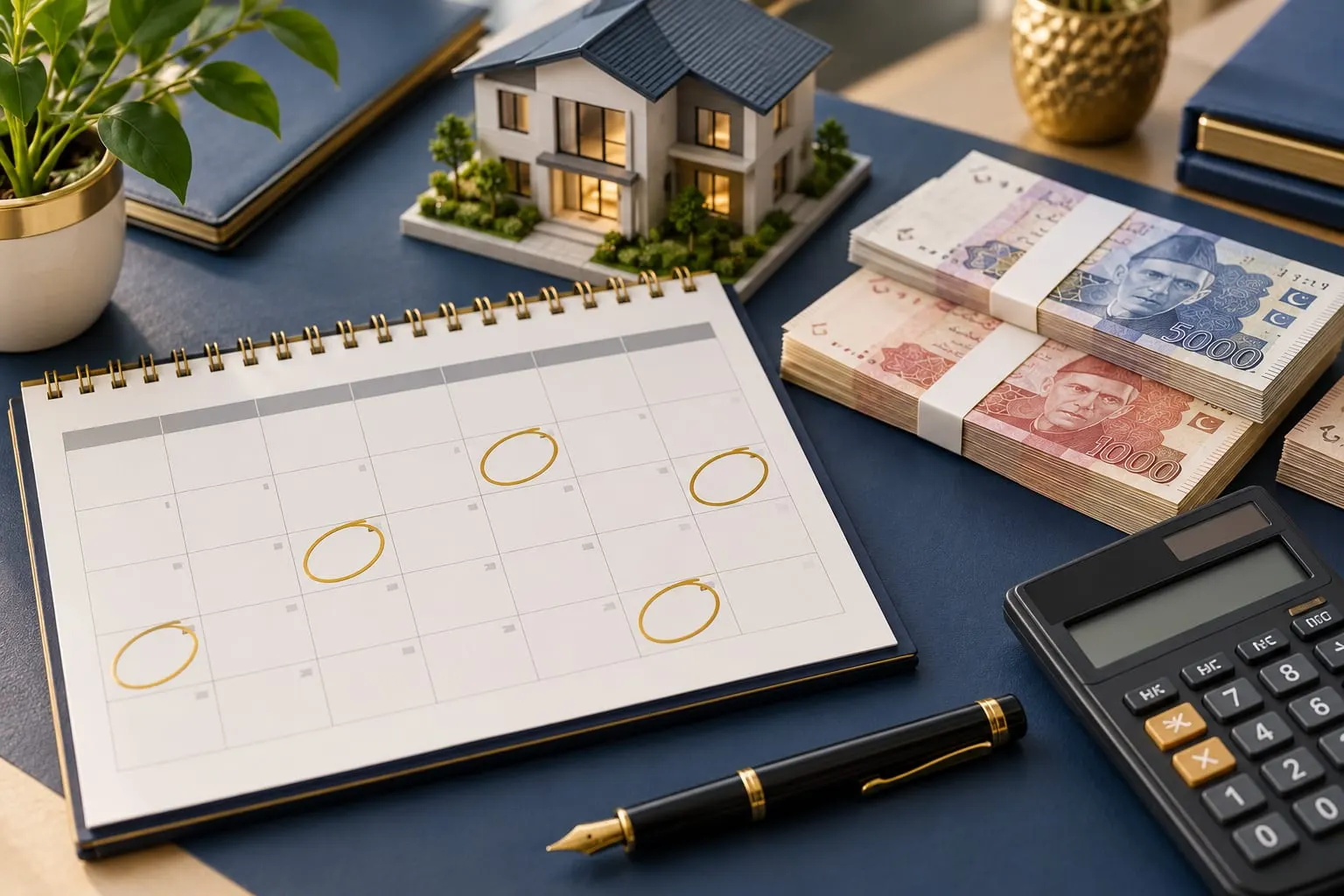 Property payment plan explained: installment dates on a calendar with rupee notes, calculator and a model house, illustration