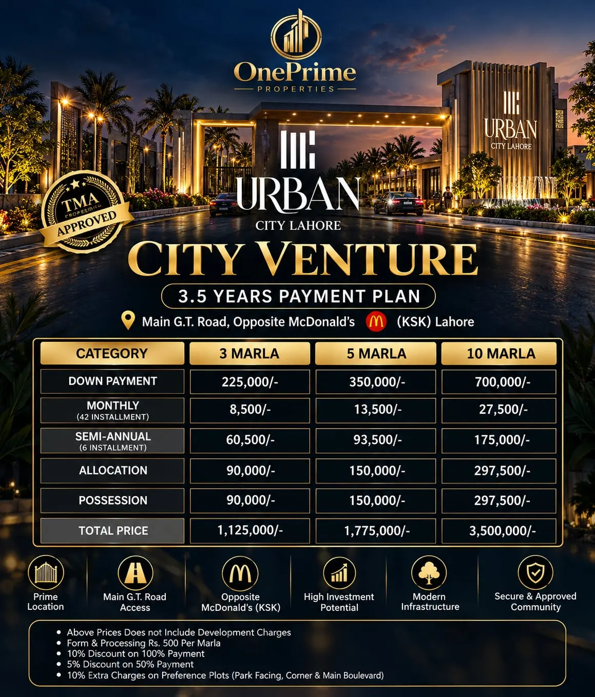 Urban City Lahore payment plan for City Venture residential plots: 3, 5 and 10 Marla on 3.5 years