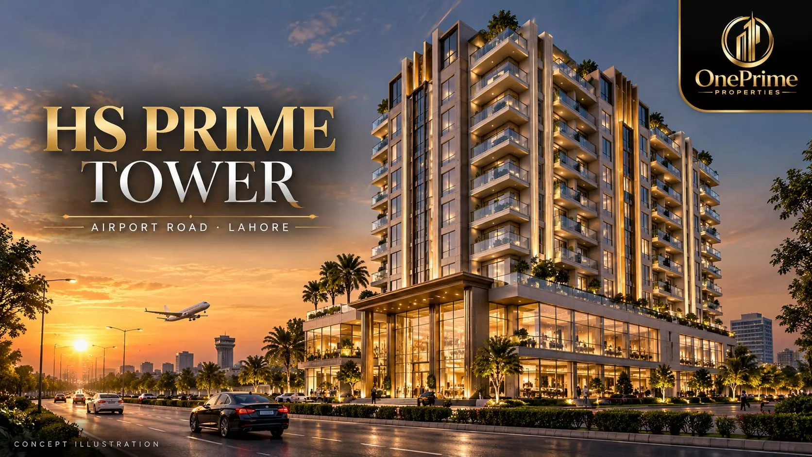 HS Prime Tower Airport Road Lahore: 10-storey apartment building with ground floor shops at sunset, concept illustration