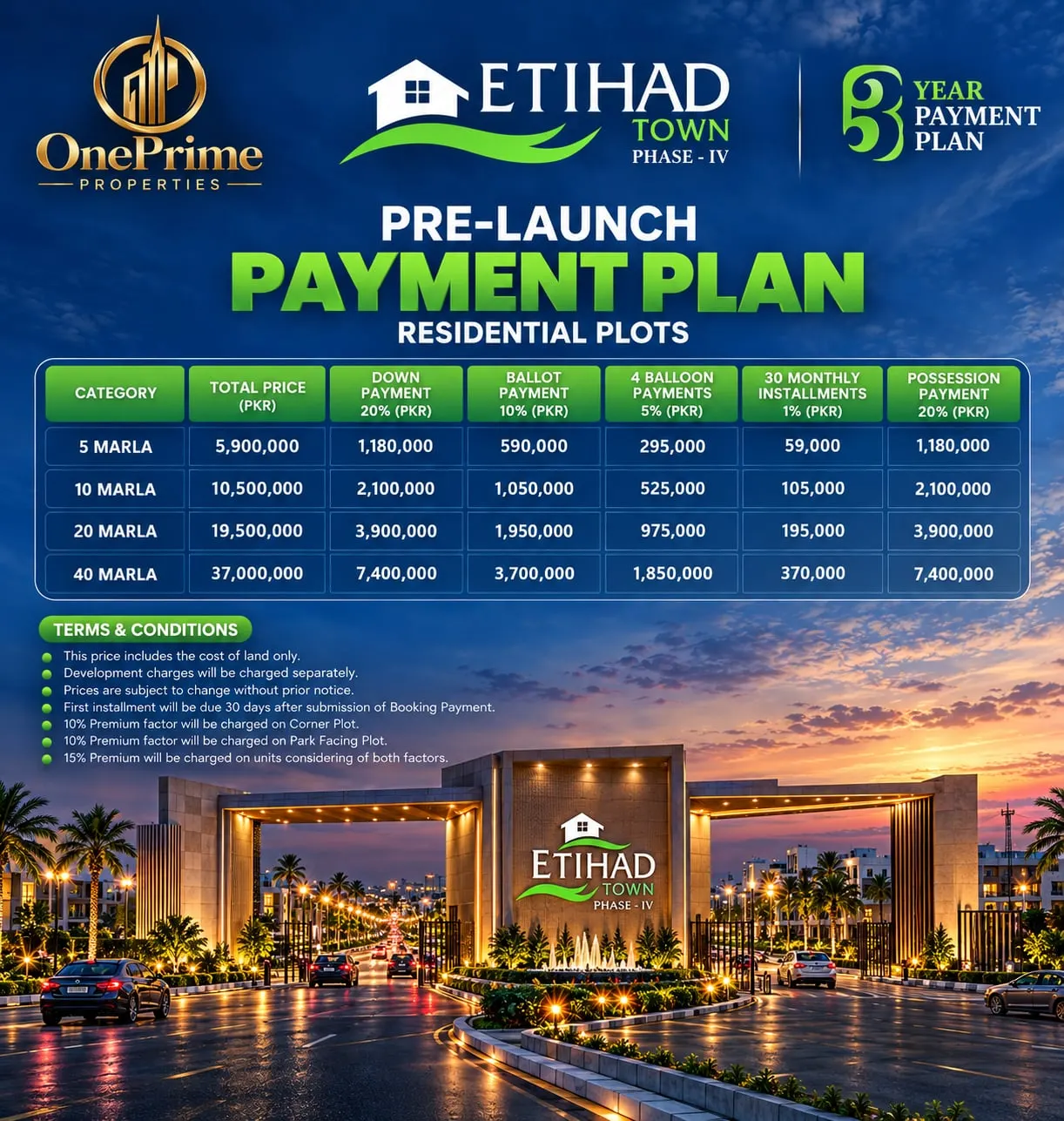 Etihad Town Phase 4 payment plan: pre-launch prices for 5, 10, 20 and 40 Marla residential plots on 3 years
