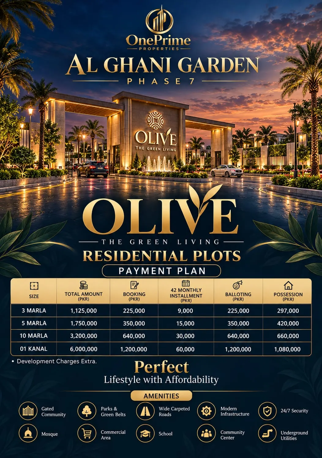 Al Ghani Garden Phase 7 payment plan for Olive, The Green Living: 3 Marla to 1 Kanal residential plots