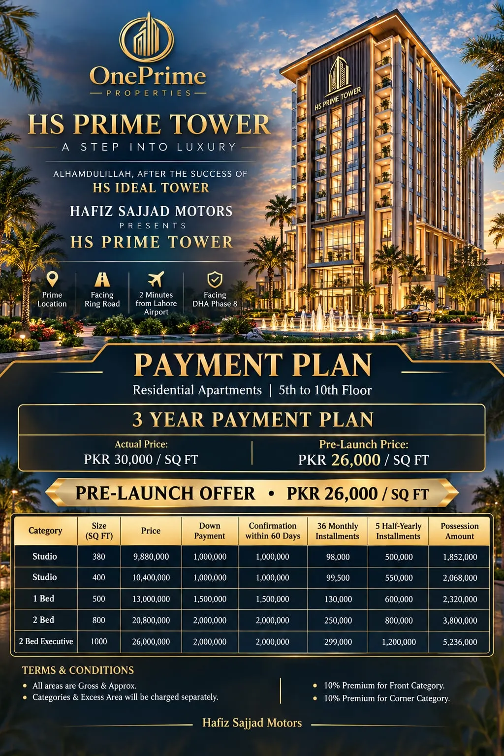 HS Prime Tower payment plan: 3-year installments for studio, 1 bed and 2 bed apartments at Rs 26,000 per sq ft