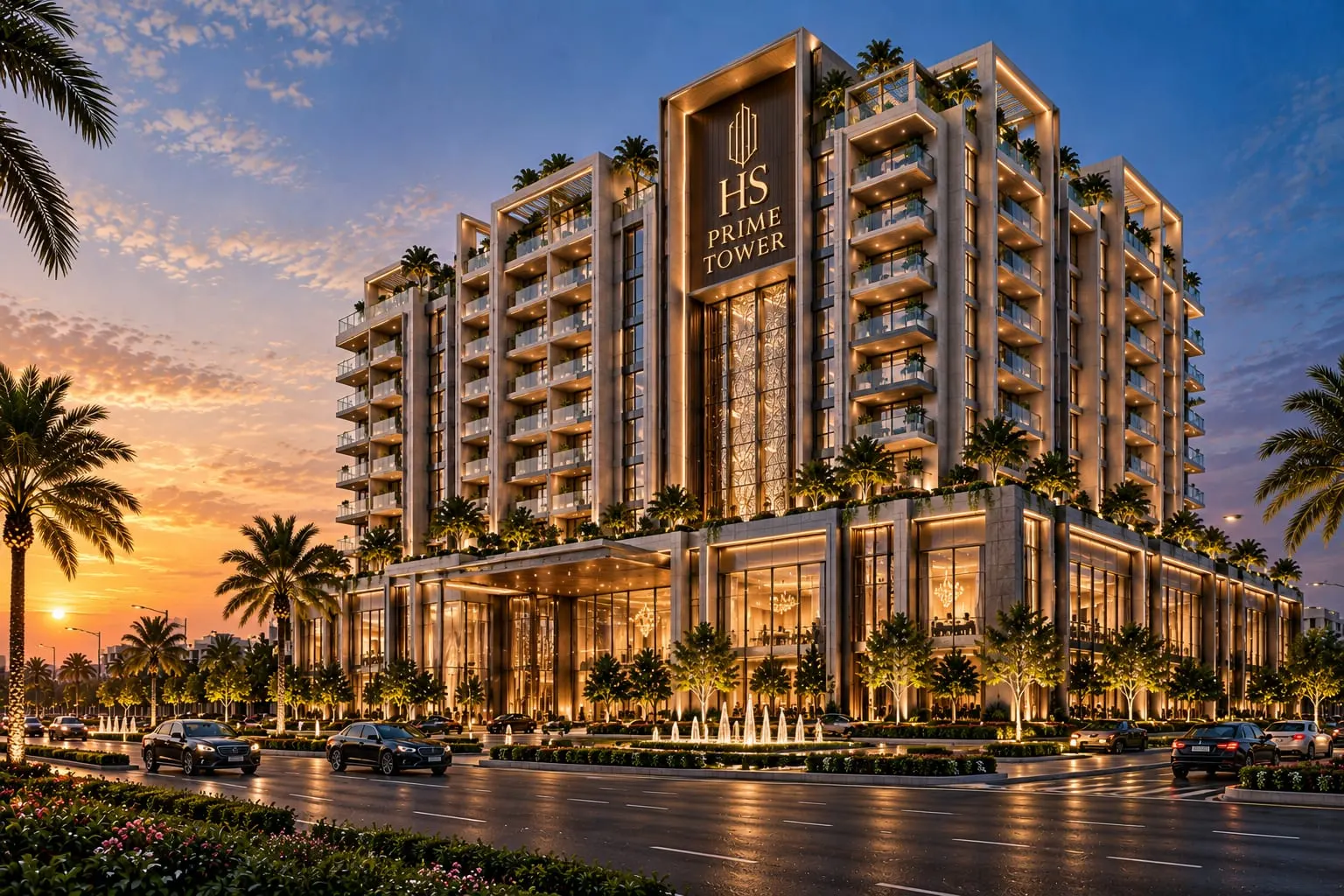 HS Prime Tower Airport Road Lahore apartments at dusk, artist's impression