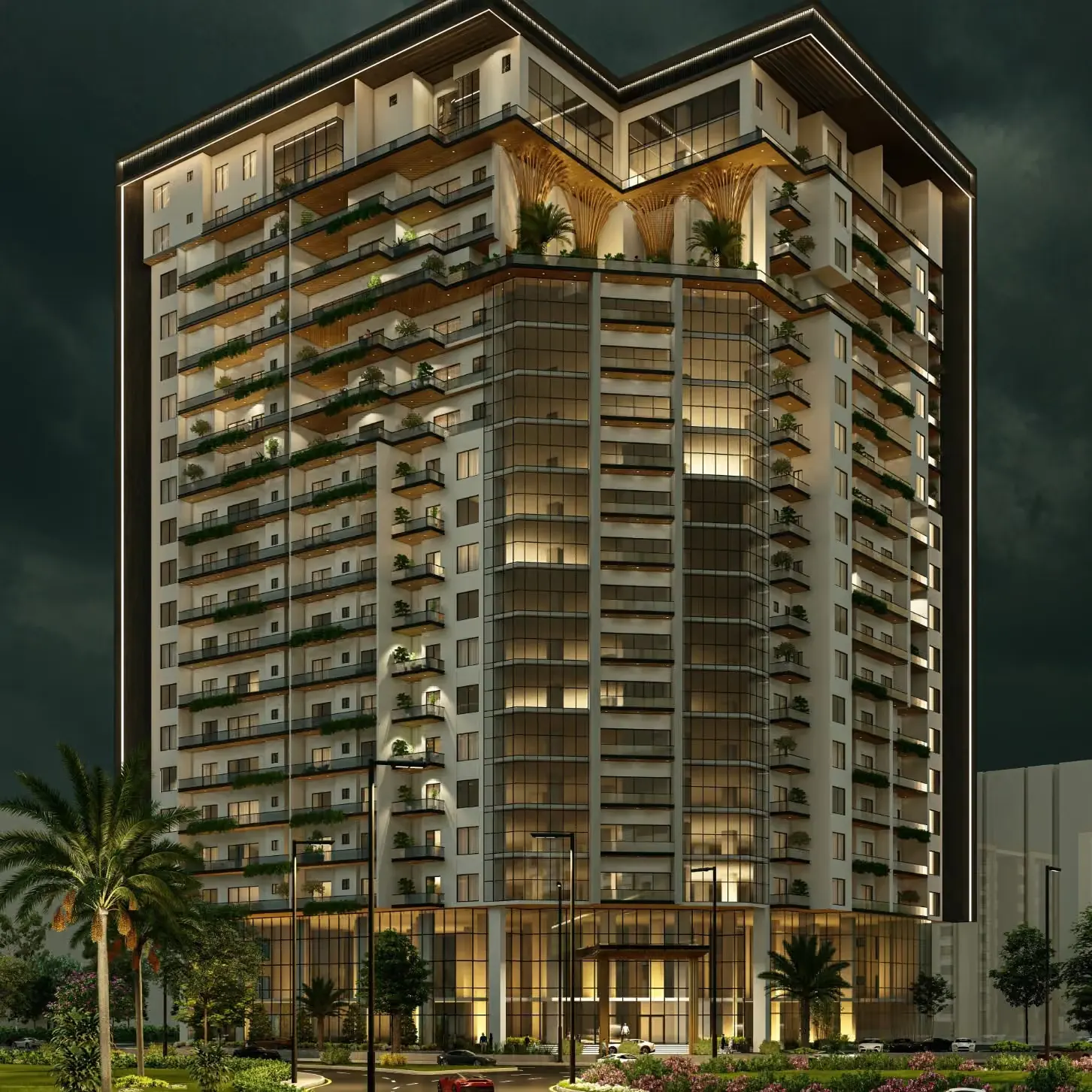 Heaven 20 Heights Askari 11 Lahore luxury apartment tower at night, artist's impression